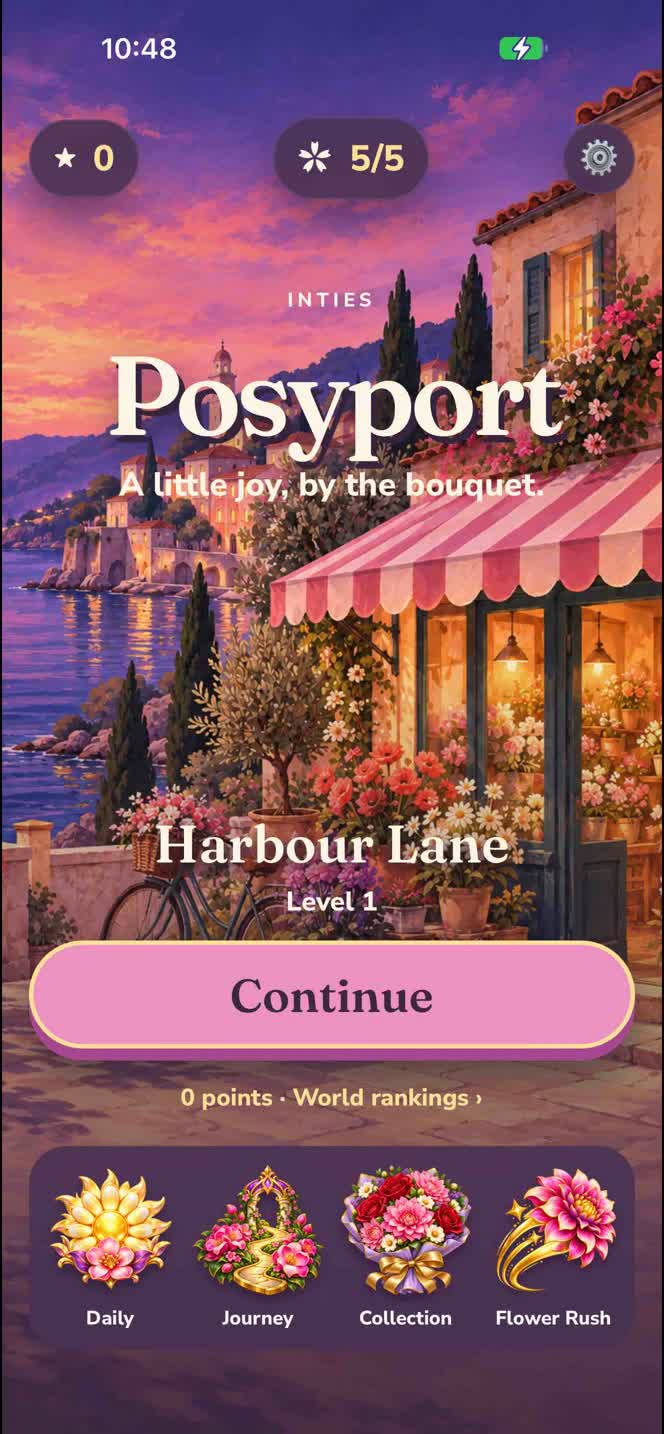 Posyport home screen with a coastal flower shop, harbour, and play button